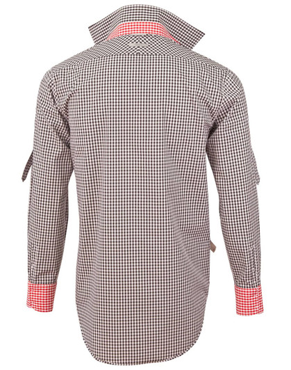 Men's long-sleeve roll-up shirt in black and white gingham check with red accents. Features a logo.