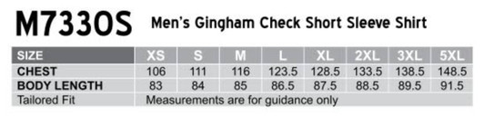 A size chart for a Men's Gingham Check Short Sleeve Shirt, detailing chest and body lengths in various sizes.