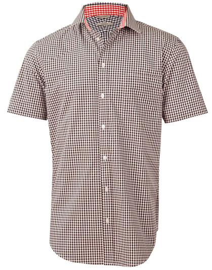 A short-sleeved men's button-up shirt featuring a black and white gingham check pattern with a red collar interior.
