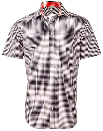 A short-sleeved men's button-up shirt featuring a black and white gingham check pattern with a red collar interior.