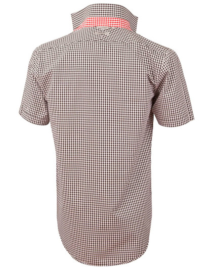 A brown and white gingham check short-sleeve button-up shirt with a red collar and branding.