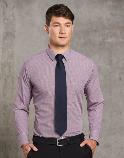 A men's two-tone mini check long sleeve shirt in purple and white, paired with a dark tie against a textured background.