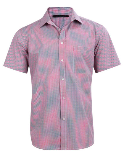 A short-sleeved button-up shirt featuring a two-tone mini check pattern in red and white. Includes a chest pocket and branding.
