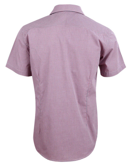 A men's short-sleeve button-up shirt featuring a red and white mini check pattern and a back yoke design.