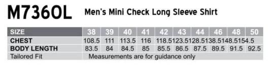 A chart detailing sizes for a Men's Mini Check Long Sleeve Shirt in tailored fit, including chest and body length measurements.