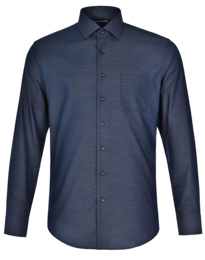 A men's long-sleeve shirt in navy blue with a pin dot pattern and a single chest pocket.