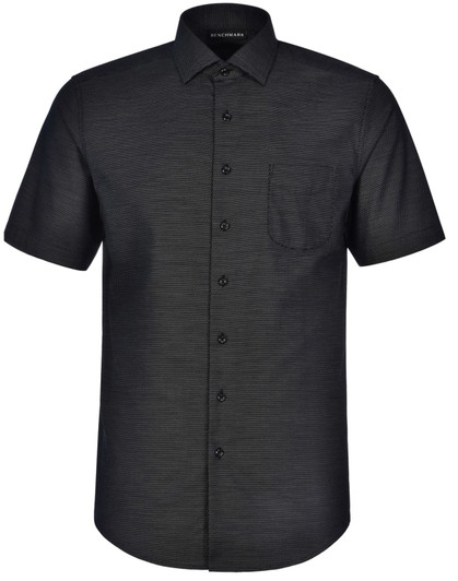 A short-sleeved black men's button-up shirt featuring a pin dot pattern and a chest pocket. Includes a logo.
