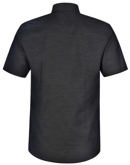 A short-sleeved men's button-up shirt in black with a pin dot pattern, featuring a rear view design. It includes a logo.