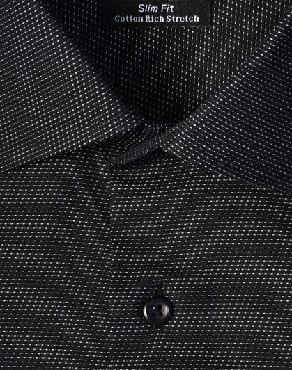 A black slim fit button-up shirt with a pin dot pattern and a collar, featuring a logo tag inside.