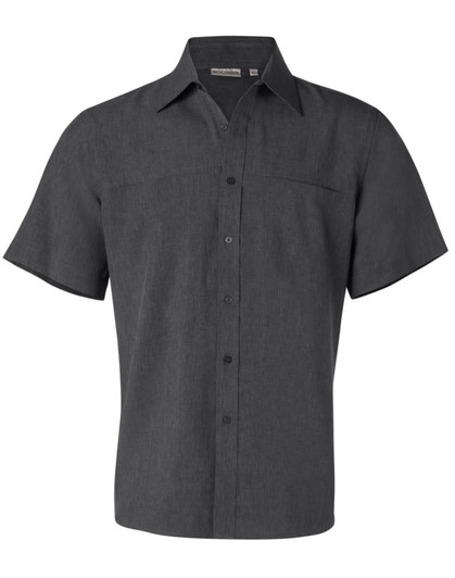 A short sleeve men's shirt in dark grey, featuring a collar and front buttons, with a logo on the label.