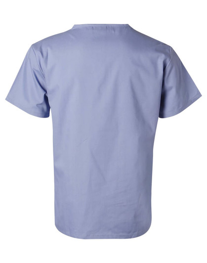 Short sleeve tunic top in light blue, featuring a simple design and a branding logo on the back.