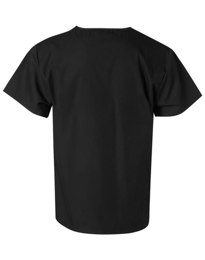 A black unisex short sleeve scrub tunic top with a simple, classic design and no visible branding.
