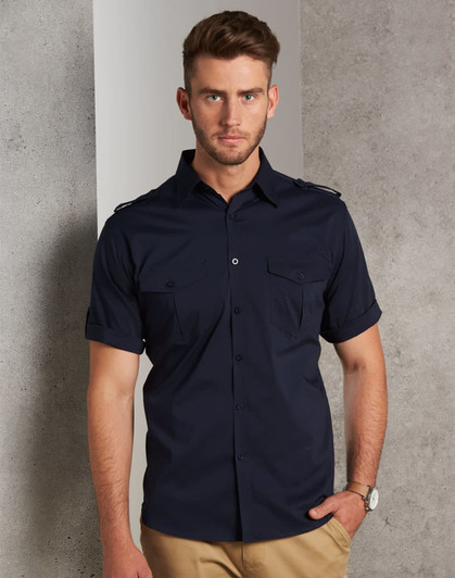A men's short sleeve military shirt in navy with button-up front and two chest pockets, featuring a logo.