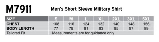 A chart displaying sizing information for a Men's Short Sleeve Military Shirt, including measurements for chest and body length.