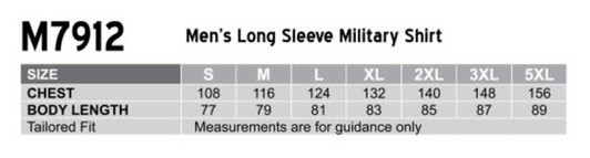 A chart displaying sizes and measurements for a men's long sleeve military shirt in a tailored fit.