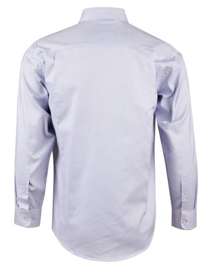 A light blue long sleeve button-up shirt featuring a contrasting dot design and a logo.