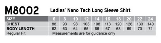 A table displaying size measurements for a women's long sleeve button-up shirt in regular fit.
