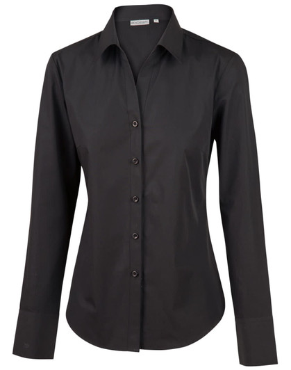 A black women's long sleeve button-up shirt with a classic collar, featuring a logo on the chest.