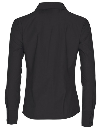 A black women's long sleeve button-up shirt featuring a fitted design and a collar, with a logo on the back.