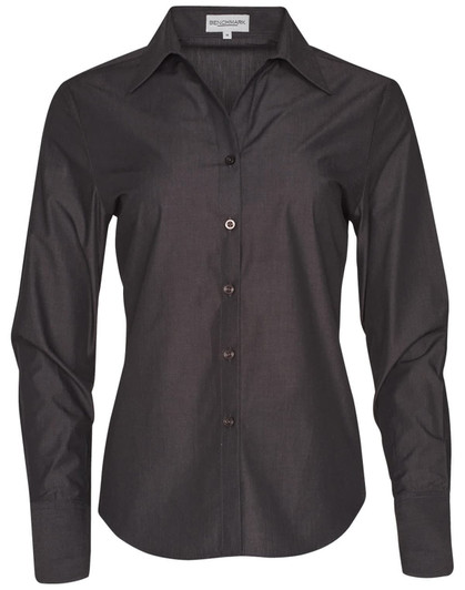 A black long sleeve button-up shirt for women, featuring a collar and a logo on the label.
