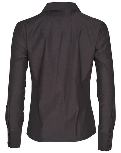 A dark grey women's button-up long sleeve shirt with a collar and buttoned cuffs, featuring a logo.