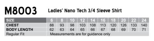 A table displaying size measurements for the Women's Nano Tech 3/4 Sleeve Shirt, including chest and body length.