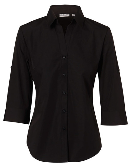 A black women's button-up shirt with 3/4 sleeves and a logo at the collar.