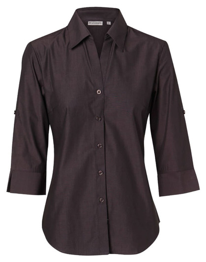 A dark brown women's button-up shirt with 3/4 sleeves, featuring a classic collar and a subtle logo.