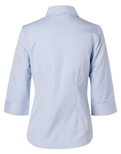 A light blue women's button-up shirt with 3/4 sleeves and a collar, featuring a branding logo.