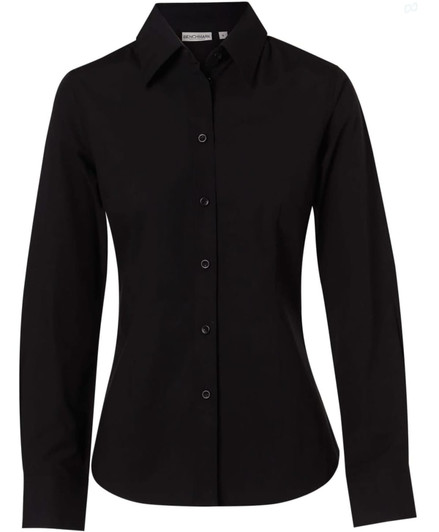 A black women's long-sleeve button-up shirt made from cotton and poly stretch fabric, featuring a sleek design and a logo.