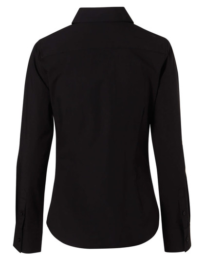 A black women's long-sleeve button-up shirt featuring a classic collar and fitted design. Includes branding.