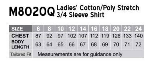 A chart displaying measurements for a women's cotton/poly stretch 3/4 sleeve shirt in multiple sizes.