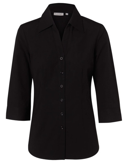 A black women's cotton/poly stretch 3/4 sleeve button-up shirt featuring a classic collar and a logo.