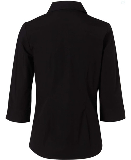 A black women's cotton/poly stretch shirt with 3/4 sleeves and a collar, featuring a smooth back design.