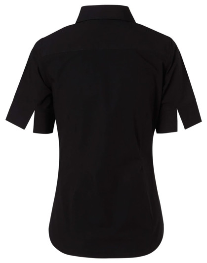 A black women's short-sleeved button-up shirt with a standard collar and a logo.