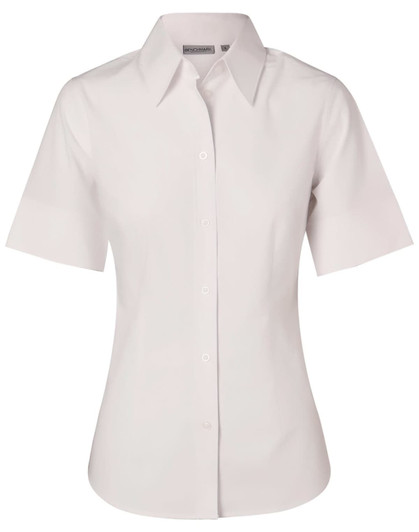 A white women's short-sleeve button-up shirt made from cotton and poly stretch fabric, featuring a collar and a logo.