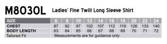A chart displaying size measurements for a ladies' fine twill long sleeve shirt in various sizes.