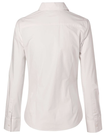 A women's long-sleeve button-up shirt in a light colour, featuring a fitted design and a back yoke. It has a logo.