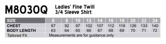 A measurement chart for a women's fine twill 3/4 sleeve shirt, listing sizes, chest measurements, and body lengths.