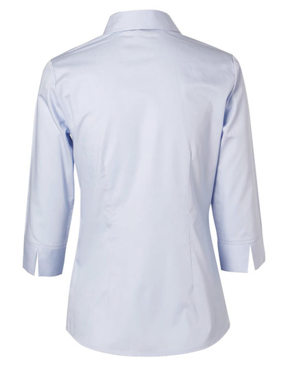 A light blue women's button-up shirt with 3/4 sleeves and a standard collar, featuring a back yoke detail.