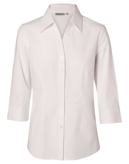 A white women's fine twill 3/4 sleeve button-up shirt featuring a classic collar and a logo on the left.