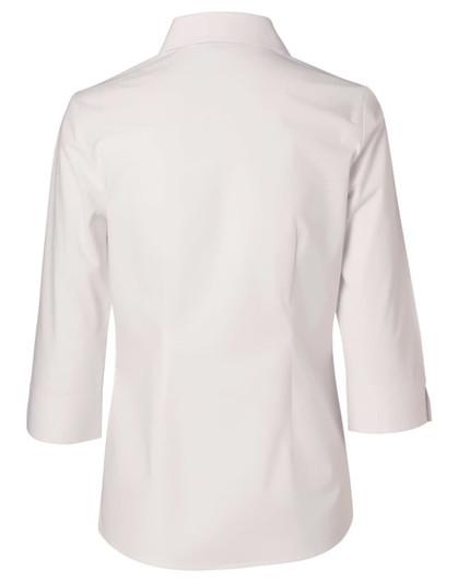 A women's fine twill button-up shirt in white, featuring 3/4 sleeves and a classic collar.