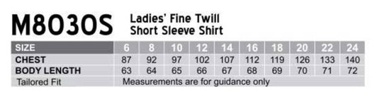 A size chart for a women's fine twill short sleeve button-up shirt, detailing chest and body length measurements.