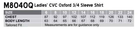 A size chart for a Women's CVC Oxford 3/4 Sleeve Shirt, detailing measurements for various sizes.