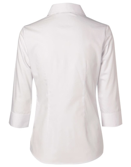 A white women's cotton/poly stretch button-up shirt with 3/4 sleeves, featuring a collared neckline and a fitted design.