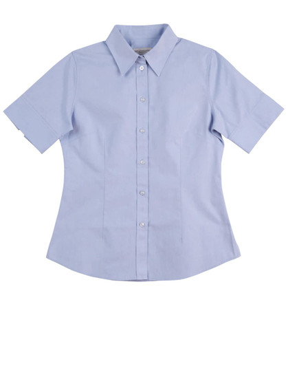 A light blue women's button-up short-sleeve shirt featuring a collar and a logo.