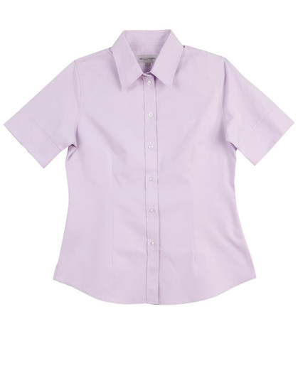 A light purple women's button-up shirt with short sleeves and a collar, featuring a logo.
