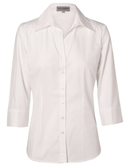 A white women's self-stripe 3/4 sleeve button-up shirt with a collared neckline and a logo.