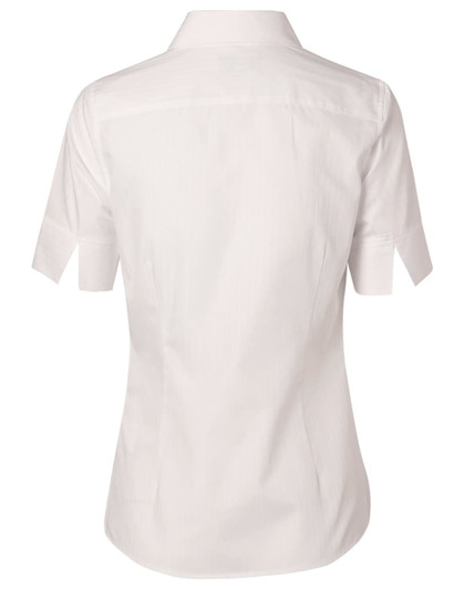 A women's short-sleeve button-up shirt in white with a self-stripe pattern and a logo on the back.