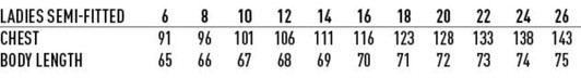 Size chart for Ladies' Semi-Fitted shirts, detailing chest and body lengths in various sizes. Black text on a white background.